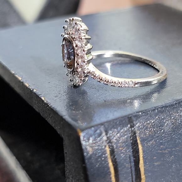 Rhodium Plated Simulated Diamond Halo Ring - Size 9 - Elegant Statement Piece - Picture 5 of 13